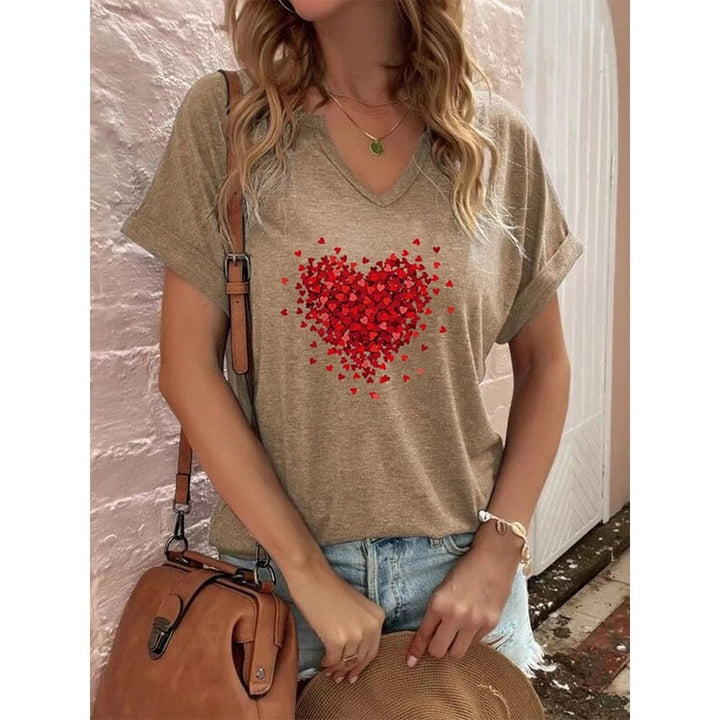 Heart Print Women T-Shirt Ladies Casual Basis V-Collar White Shirt BENNYS 