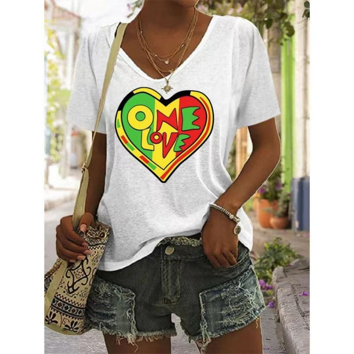 Heart Print Women T-Shirt Ladies Casual Basis V-Collar White Shirt BENNYS 