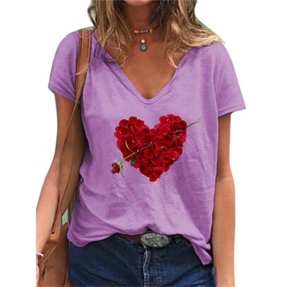 Heart Print Women T-Shirt Ladies Casual Basis V-Collar White Shirt BENNYS 