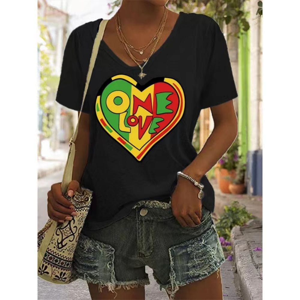 Heart Print Women T-Shirt Ladies Casual Basis V-Collar White Shirt BENNYS 