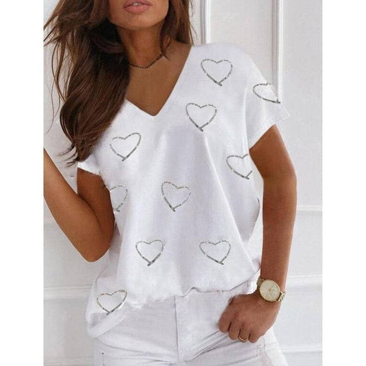 Heart Print Women T-Shirt Ladies Casual Basis V-Collar White Shirt BENNYS 