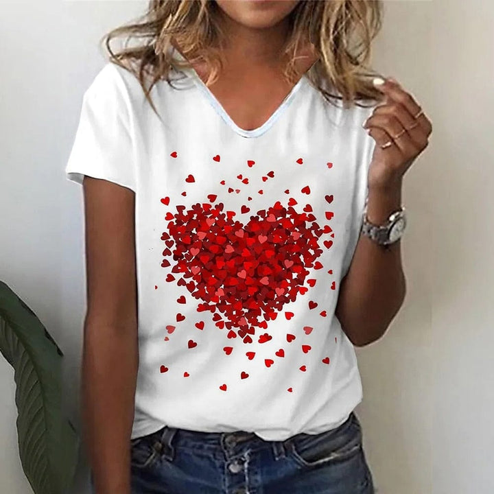 Heart Print Women T-Shirt Ladies Casual Basis V-Collar White Shirt BENNYS 