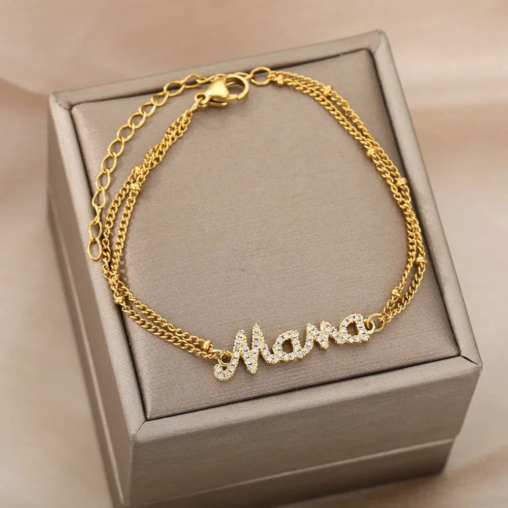 Zircon Letter Mama Bracelets For Women Stainless Steel Double Bead Link Chain Family Love Bracelet Femme Mother Jewelry Gift-Arlik interiors