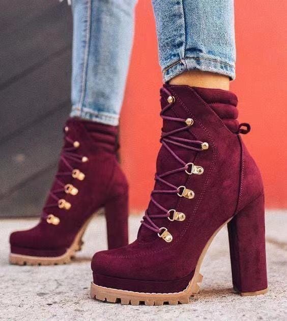 Heeled Boots For Women Round Toe Lace UP High Heels Boots Mid Calf Shoes BENNYS 