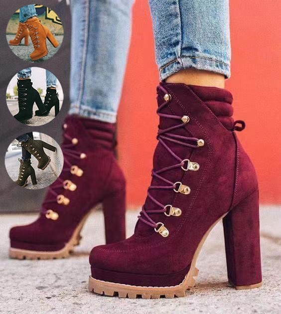 Heeled Boots For Women Round Toe Lace UP High Heels Boots Mid Calf Shoes BENNYS 