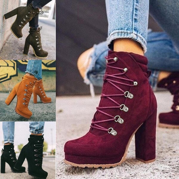 Heeled Boots For Women Round Toe Lace UP High Heels Boots Mid Calf Shoes BENNYS 