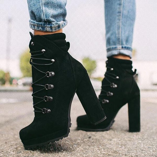 Heeled Boots For Women Round Toe Lace UP High Heels Boots Mid Calf Shoes BENNYS 