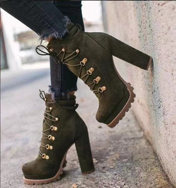 Heeled Boots For Women Round Toe Lace UP High Heels Boots Mid Calf Shoes BENNYS 