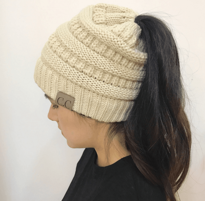 High Bun Ponytail Beanie Hat Chunky Soft Stretch Cable Knit Warm Fuzzy Hats BENNYS 