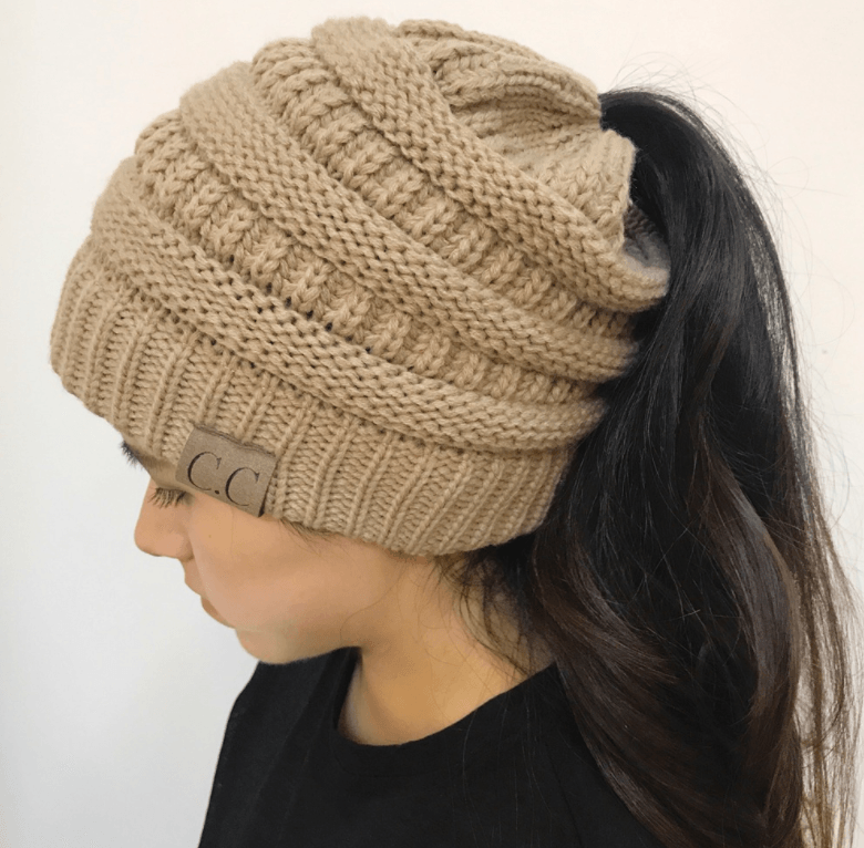 High Bun Ponytail Beanie Hat Chunky Soft Stretch Cable Knit Warm Fuzzy Hats BENNYS 