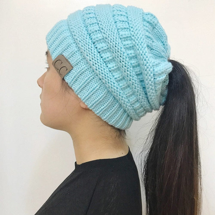 High Bun Ponytail Beanie Hat Chunky Soft Stretch Cable Knit Warm Fuzzy Hats BENNYS 