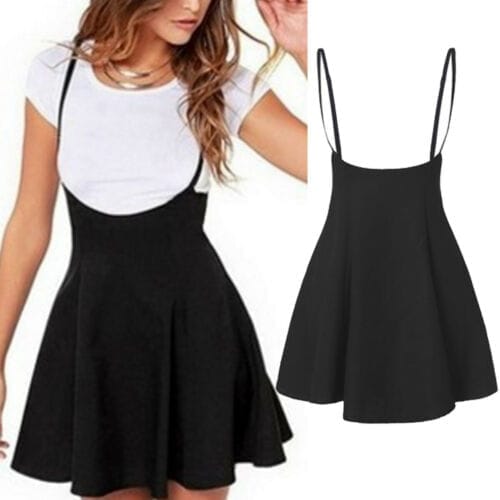 High Waist Strap Mini Skirt Pleated Skater Overall Flare Suspender Skirt BENNYS 