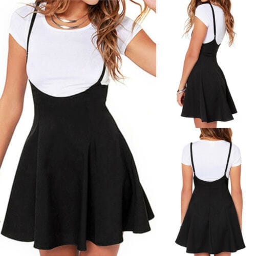 High Waist Strap Mini Skirt Pleated Skater Overall Flare Suspender Skirt BENNYS 