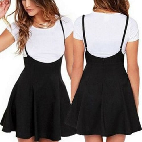 High Waist Strap Mini Skirt Pleated Skater Overall Flare Suspender Skirt BENNYS 