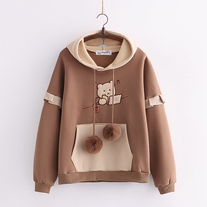 Hooded Bear Embroidery Plus Velvet Sweater Loose And Thin Coat Women BENNYS 