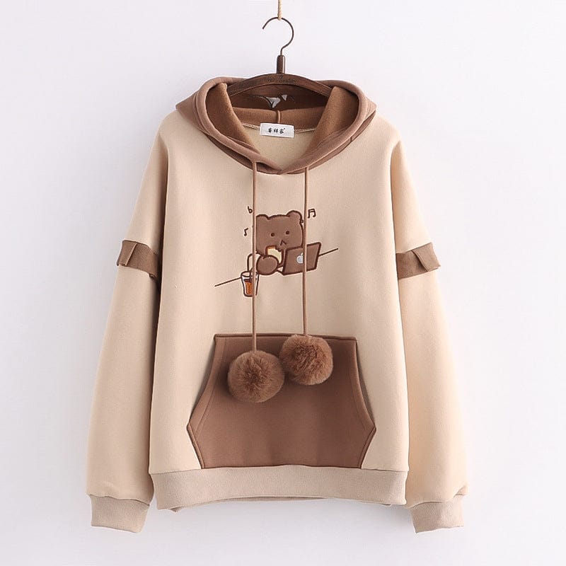 Hooded Bear Embroidery Plus Velvet Sweater Loose And Thin Coat Women BENNYS 