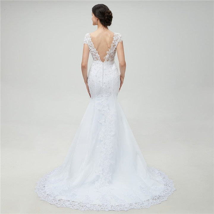 Illusion White Backless Lace Mermaid Wedding Dress BENNYS 