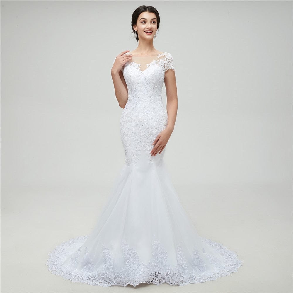 Illusion White Backless Lace Mermaid Wedding Dress BENNYS 