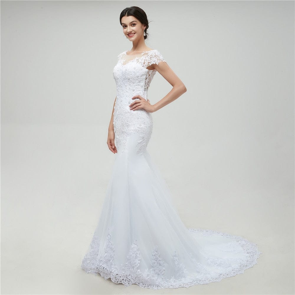 Illusion White Backless Lace Mermaid Wedding Dress BENNYS 