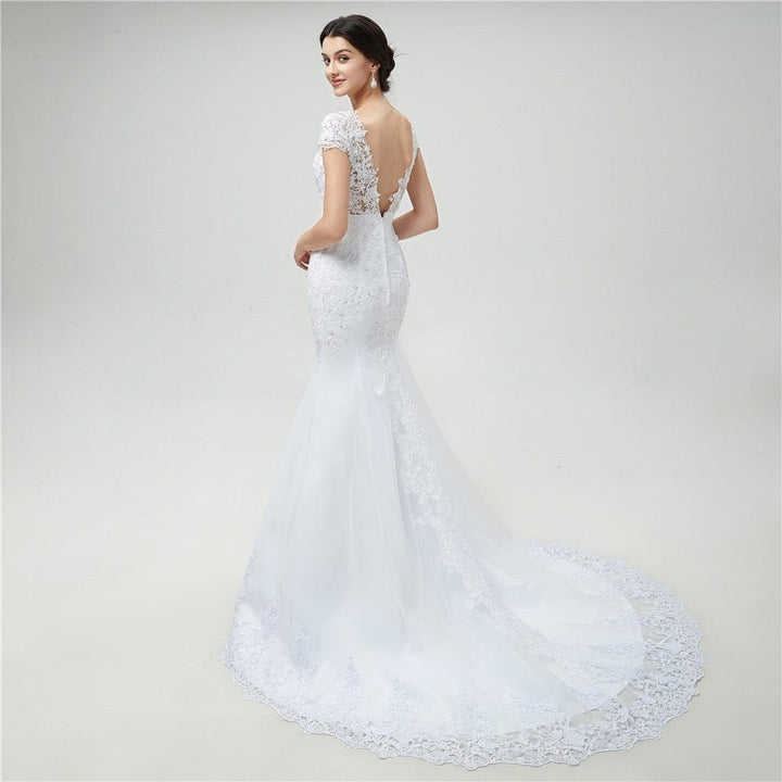 Illusion White Backless Lace Mermaid Wedding Dress BENNYS 