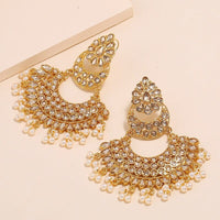 Indian Gold Handmade Pearl Bead Bling Rhinestone Bridal Piercing Earrings BENNYS 