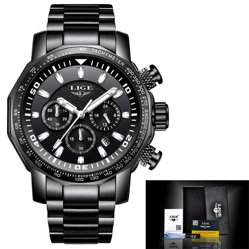 LIGE Fashion Brand Men Watch Chronograph Full Steel Business Quartz Clock  Watch BENNYS 