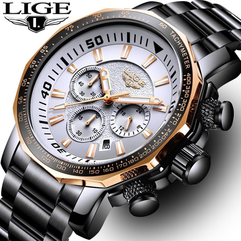 LIGE Fashion Brand Men Watch Chronograph Full Steel Business Quartz Clock  Watch BENNYS 