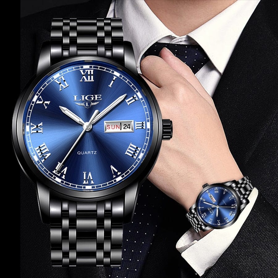 LIGE Stainless Steel Watch Luxury Men's Waterproof Quartz Watches BENNYS 