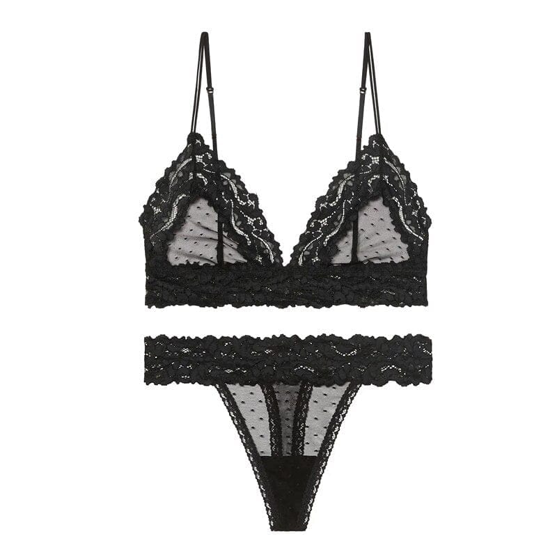 Sexy Black Lace Transparent Women Lingerie 3 piece set.