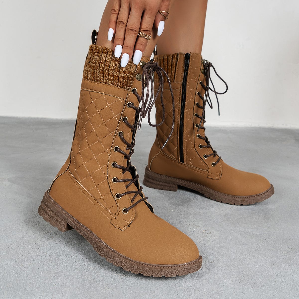 Lace Up Boots Winter Cowboy Boots Women Block Heel Round Toe Shoes BENNYS 