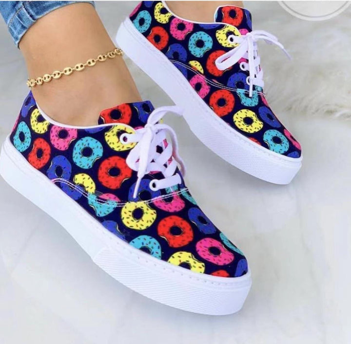 Lace-up Flats Shoes Print Canvas Fashion Walking Sneakers Women BENNYS 