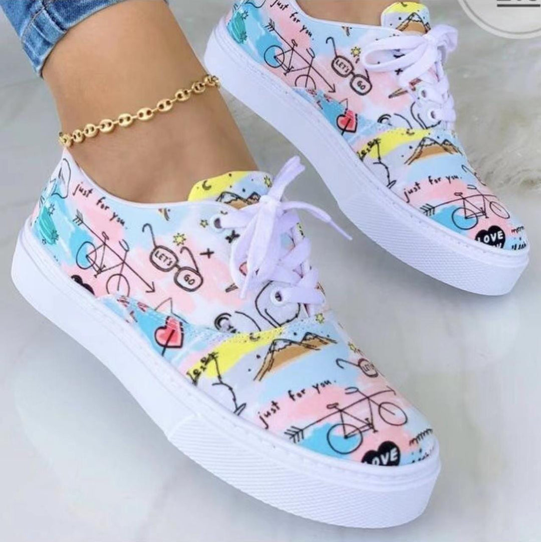 Lace-up Flats Shoes Print Canvas Fashion Walking Sneakers Women BENNYS 