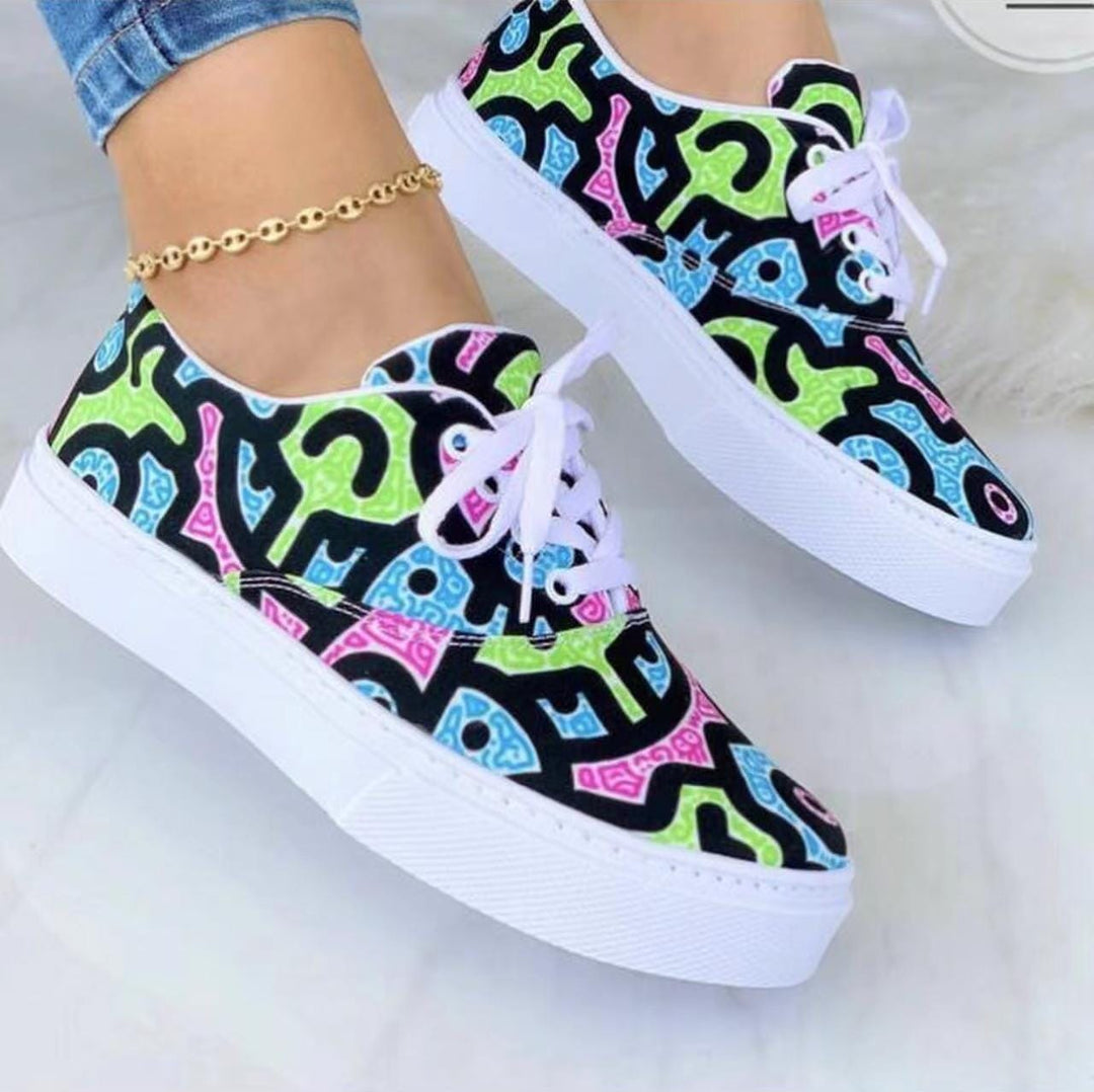 Lace-up Flats Shoes Print Canvas Fashion Walking Sneakers Women BENNYS 