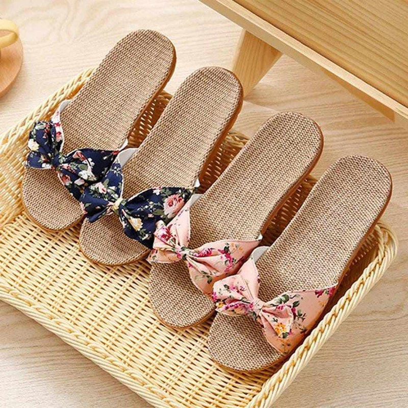 Ladies Bohemia Bowknot Flax Linen Flip Flops Beach Slipper BENNYS 