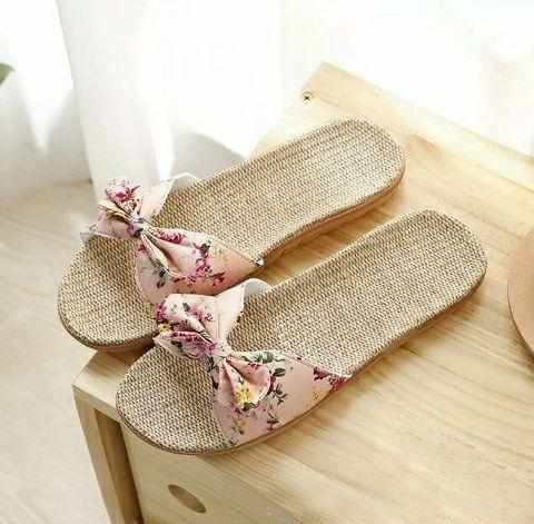 Ladies Bohemia Bowknot Flax Linen Flip Flops Beach Slipper BENNYS 