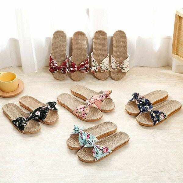 Ladies Bohemia Bowknot Flax Linen Flip Flops Beach Slipper BENNYS 