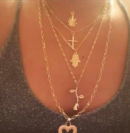 Ladies Layered Heart Rose Cross Maple Palm Pendant  Necklace BENNYS 