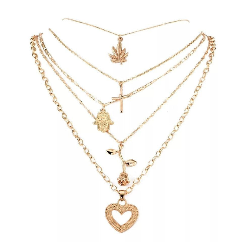 Ladies Layered Heart Rose Cross Maple Palm Pendant  Necklace BENNYS 