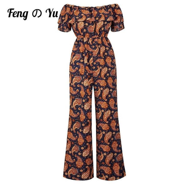 Ladies Printed Jumpsuit Off Shoulder Ruffle Short Sleeve Summer Fashion BENNYS 