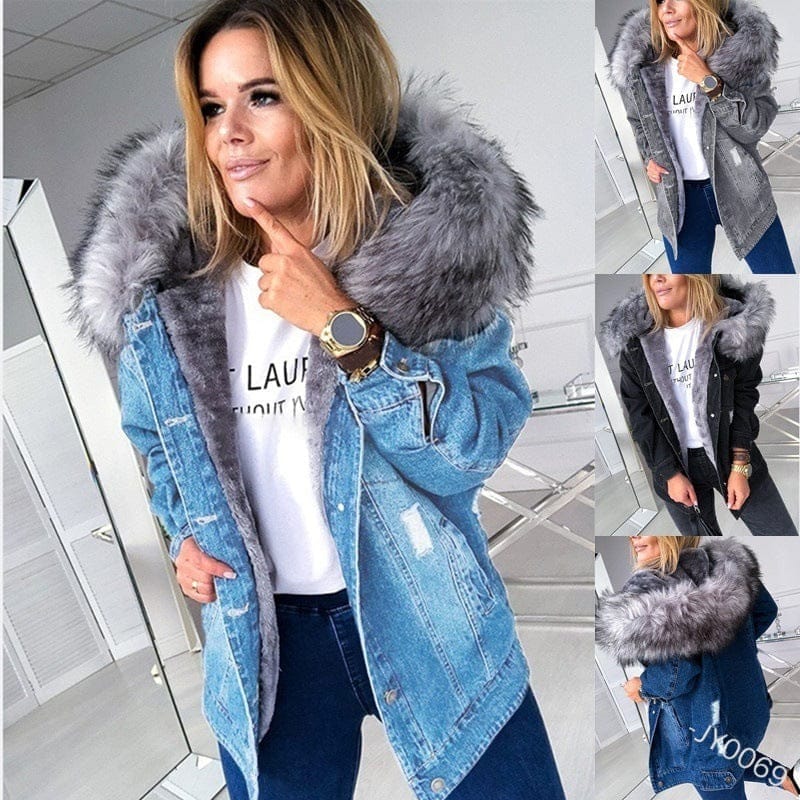 Large Fur Collar Denim Jacket Warm Mid-Length Coat BENNYS 