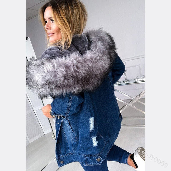 Large Fur Collar Denim Jacket Warm Mid-Length Coat BENNYS 