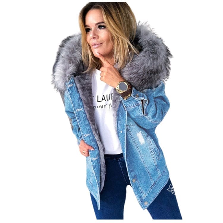 Large Fur Collar Denim Jacket Warm Mid-Length Coat BENNYS 