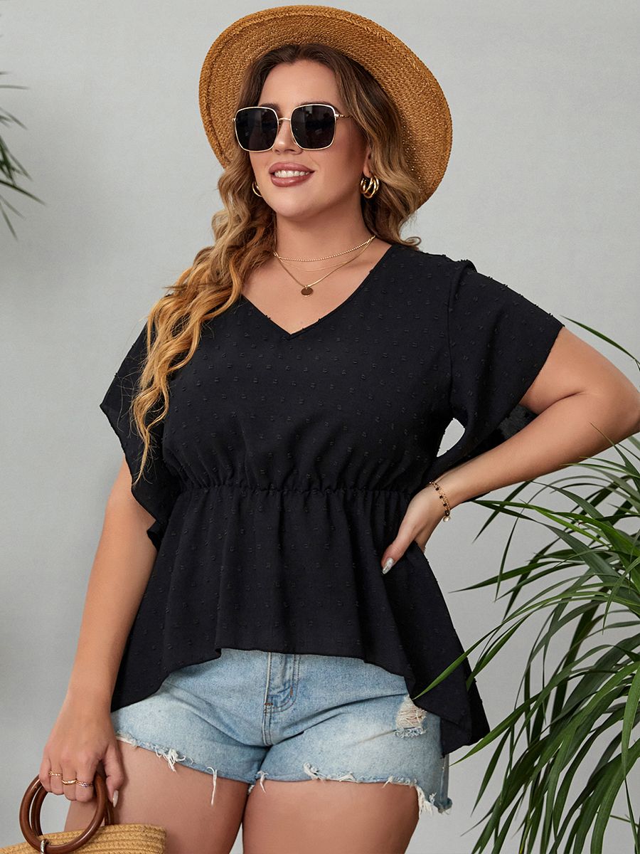 Large Plus Size 4XL Peplum Tops Women Summer 2022 Ruffles Sleeve V Neck Casual Elegant Blouses Black Oversized Ladies T Shirt BENNYS 
