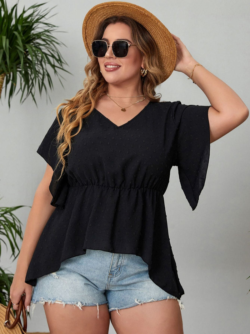 Large Plus Size 4XL Peplum Tops Women Summer 2022 Ruffles Sleeve V Neck Casual Elegant Blouses Black Oversized Ladies T Shirt BENNYS 