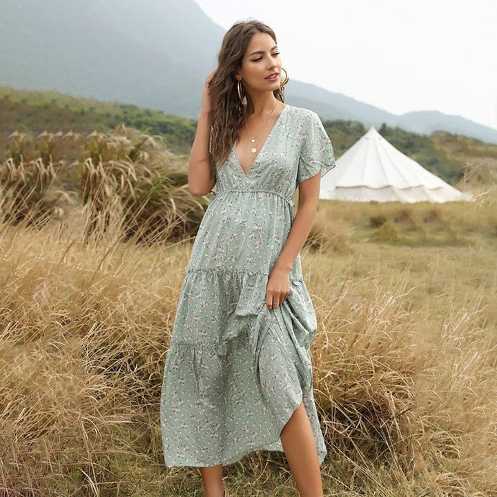 Long Dress Women Summer Boho Sexy Flowers Dress With V-neck BENNYS 