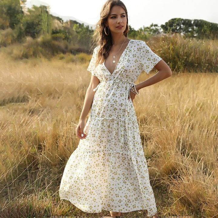 Long Dress Women Summer Boho Sexy Flowers Dress With V-neck BENNYS 