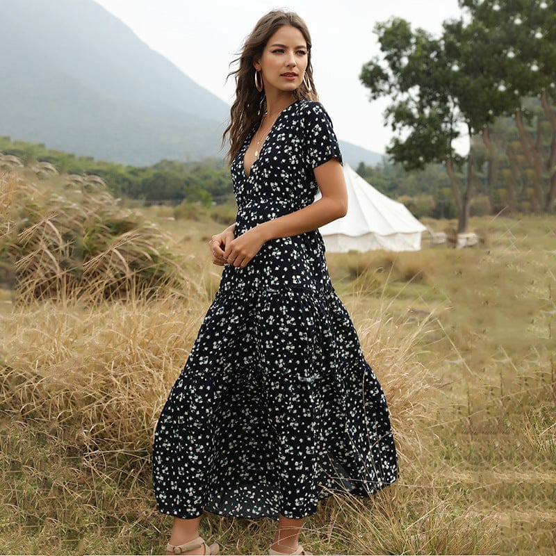 Long Dress Women Summer Boho Sexy Flowers Dress With V-neck BENNYS 