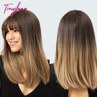 Long Ombre Brown Blonde Straight Synthetic Hair Wigs With Bang For Women BENNYS 