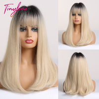 Long Ombre Brown Blonde Straight Synthetic Hair Wigs With Bang For Women BENNYS 