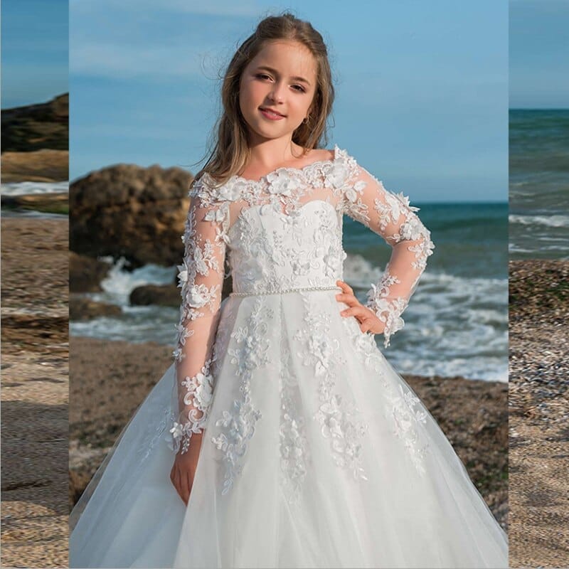 Long Sleeve White Lace Evening Dress For Girls BENNYS 